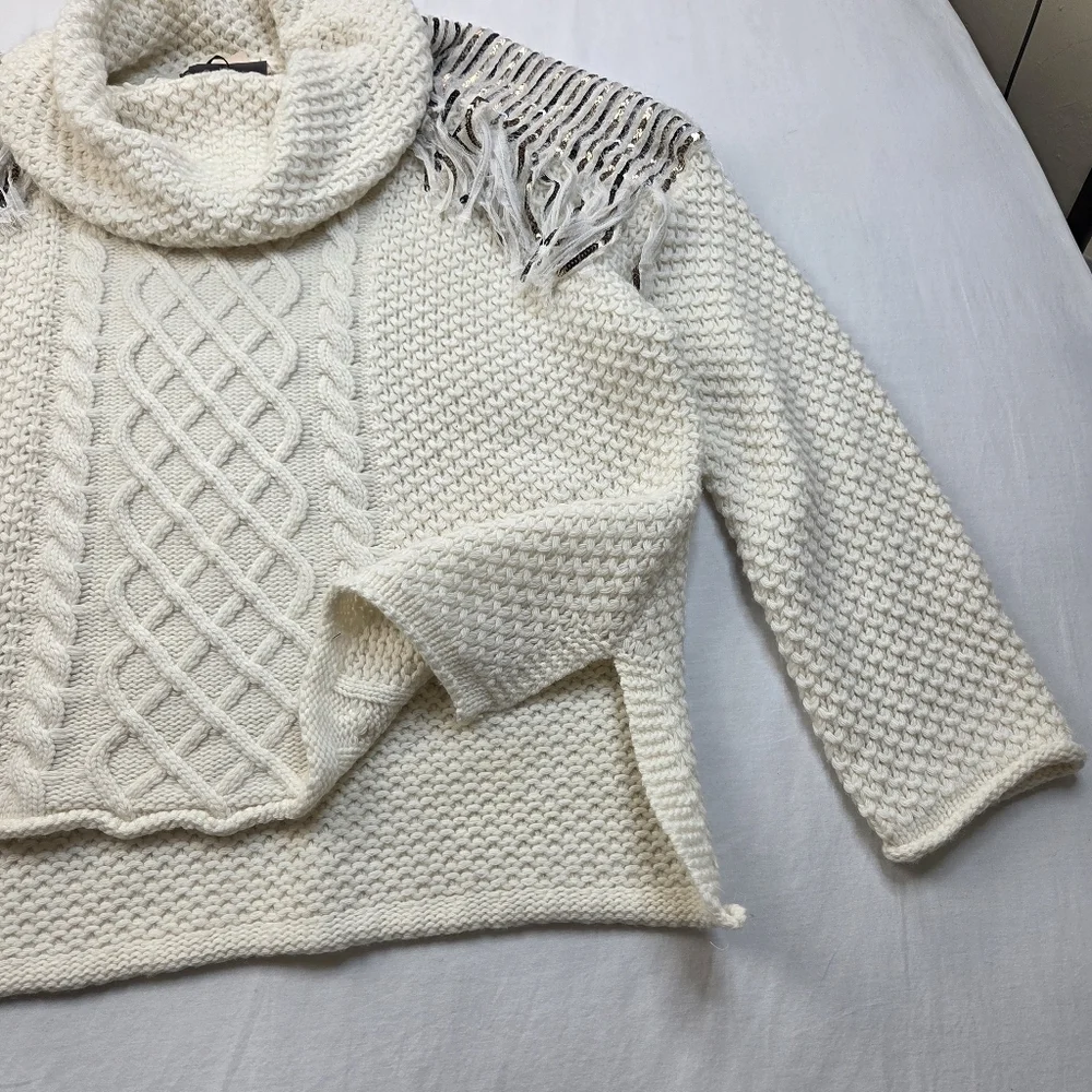 NWT Twinset‎ Milano Fringe Knit Sweater M Ivory Chunky Cable Knit Cowl Neck